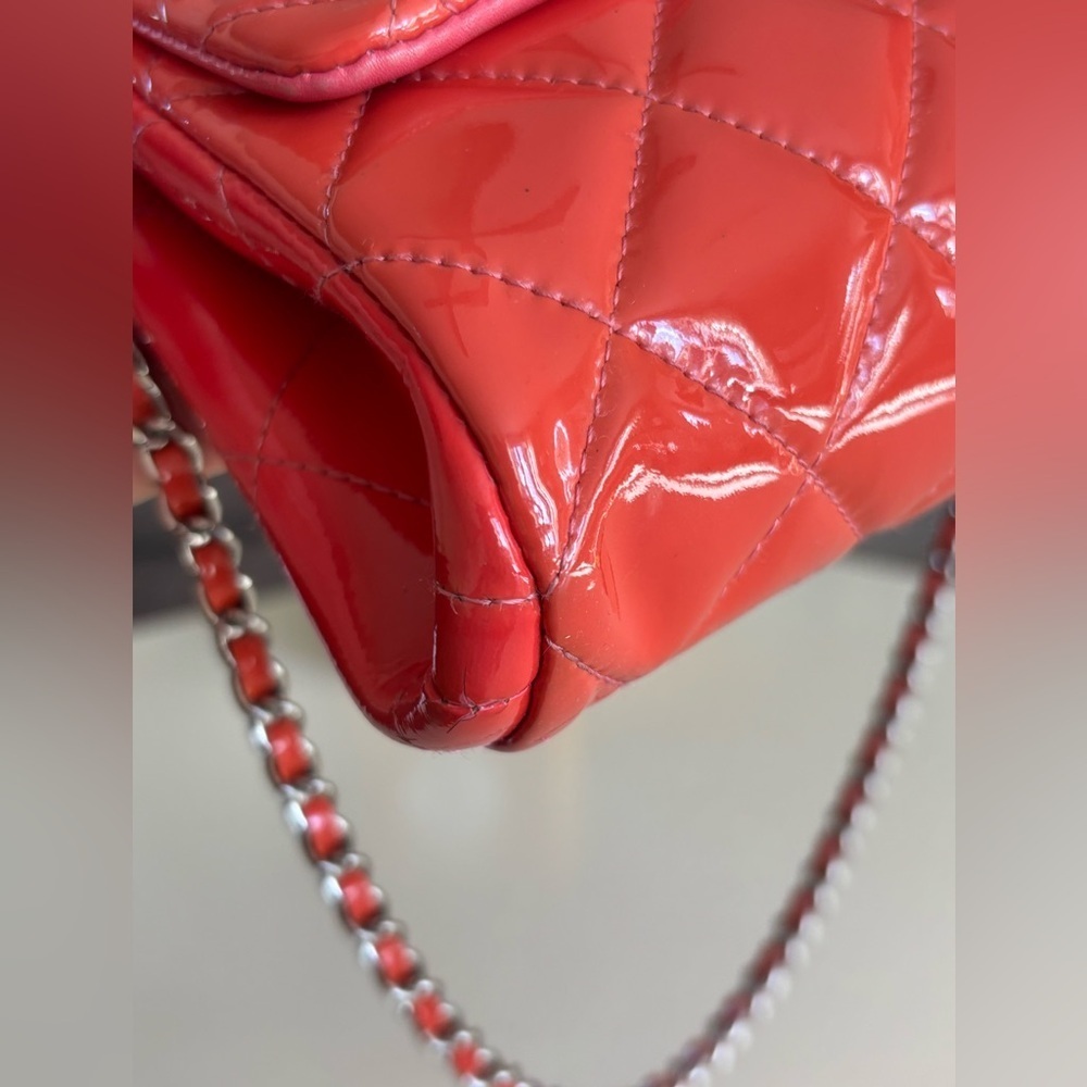 Chanel CC Quilted Patent Flap Clutch Chain Orange Silver Shoulder Bag Purse - Picture 7 of 16